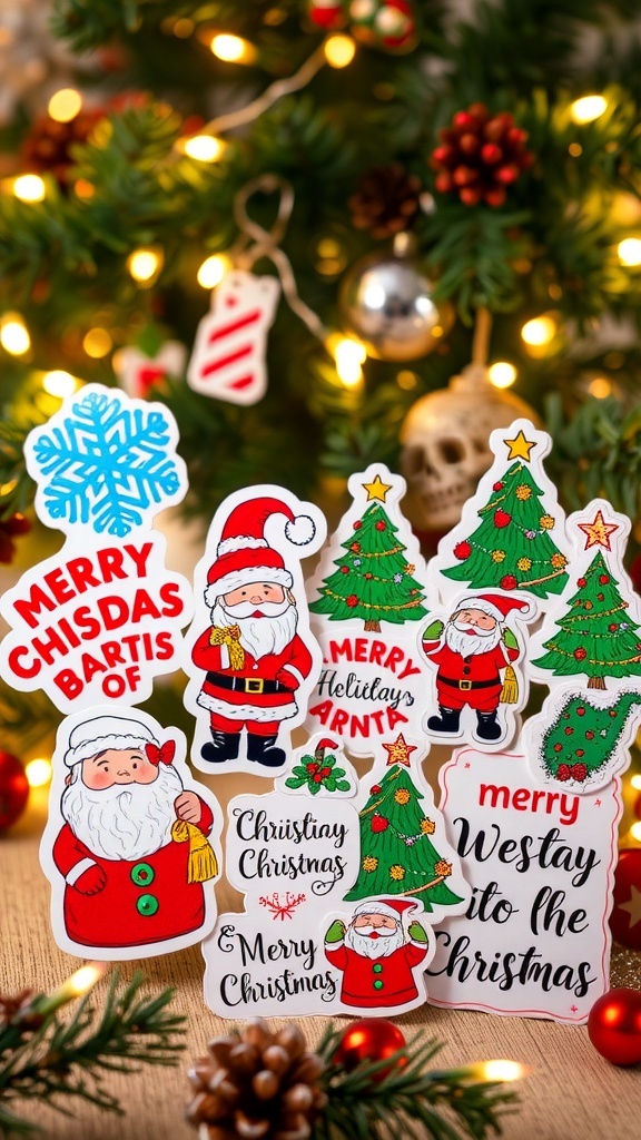 Christmas Aesthetic Sticker Collection A collection of colorful Christmas stickers featuring snowflakes, Santa, Christmas trees, and holiday quotes on a festive background.
